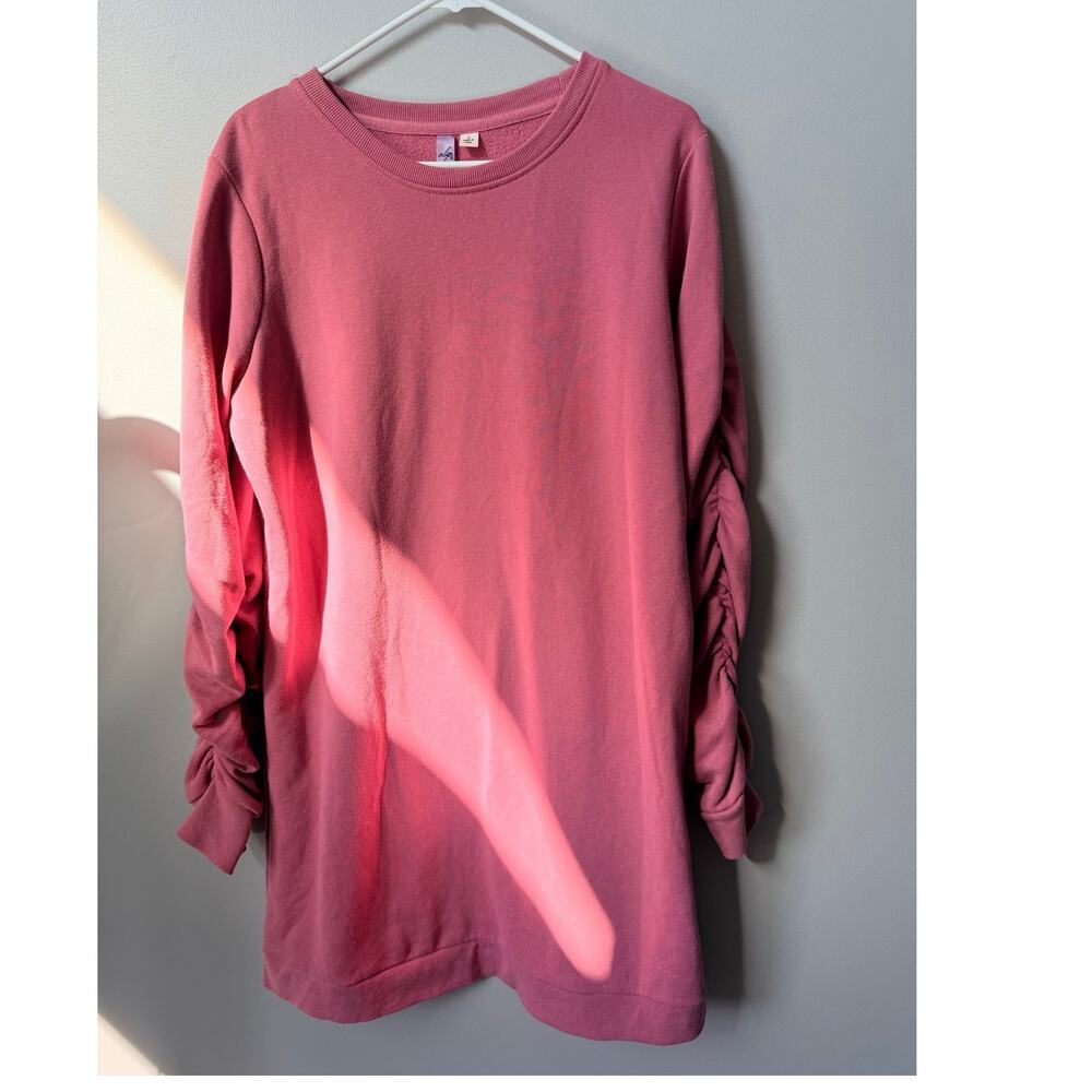 Alya Cozy Blush Pink Crewneck Sweatshirt Dress Statement Ruched Sleeves Sz Large